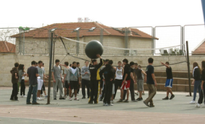 חינוך גופני- מה התואר כולל? בתמונה ילדים משחקים כדורעף עם כדור ענק