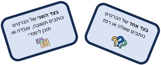 בצד אחד של הכרטיס כותבים שאלה או רמז | בצד השני של הכרטיס כותבים תשובה, עובדה או תוכן לימודי