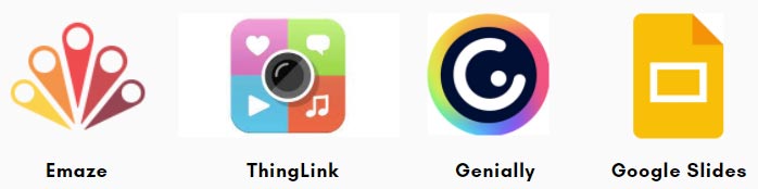 ארבע לוגוים של google slides genially thinglink emaze
